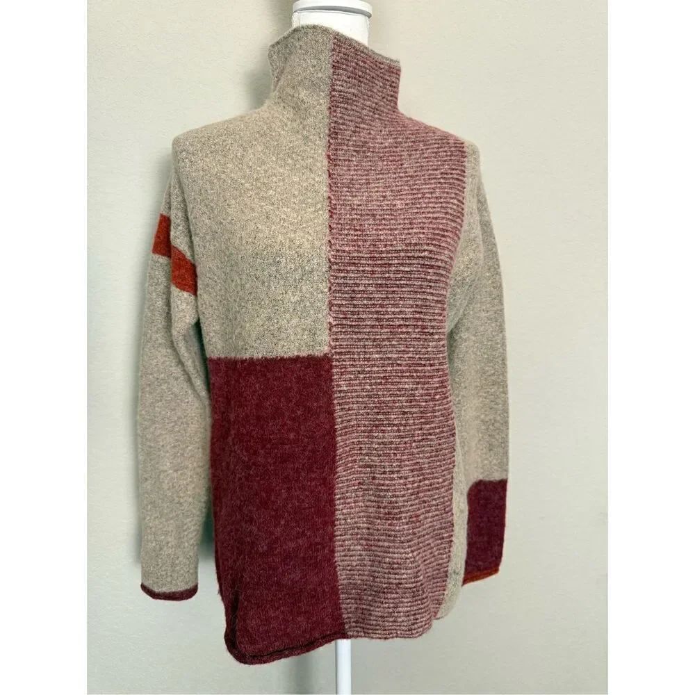 Cyrus Color Block Fall Tan Orange Red Funnel Neck Sweater Small